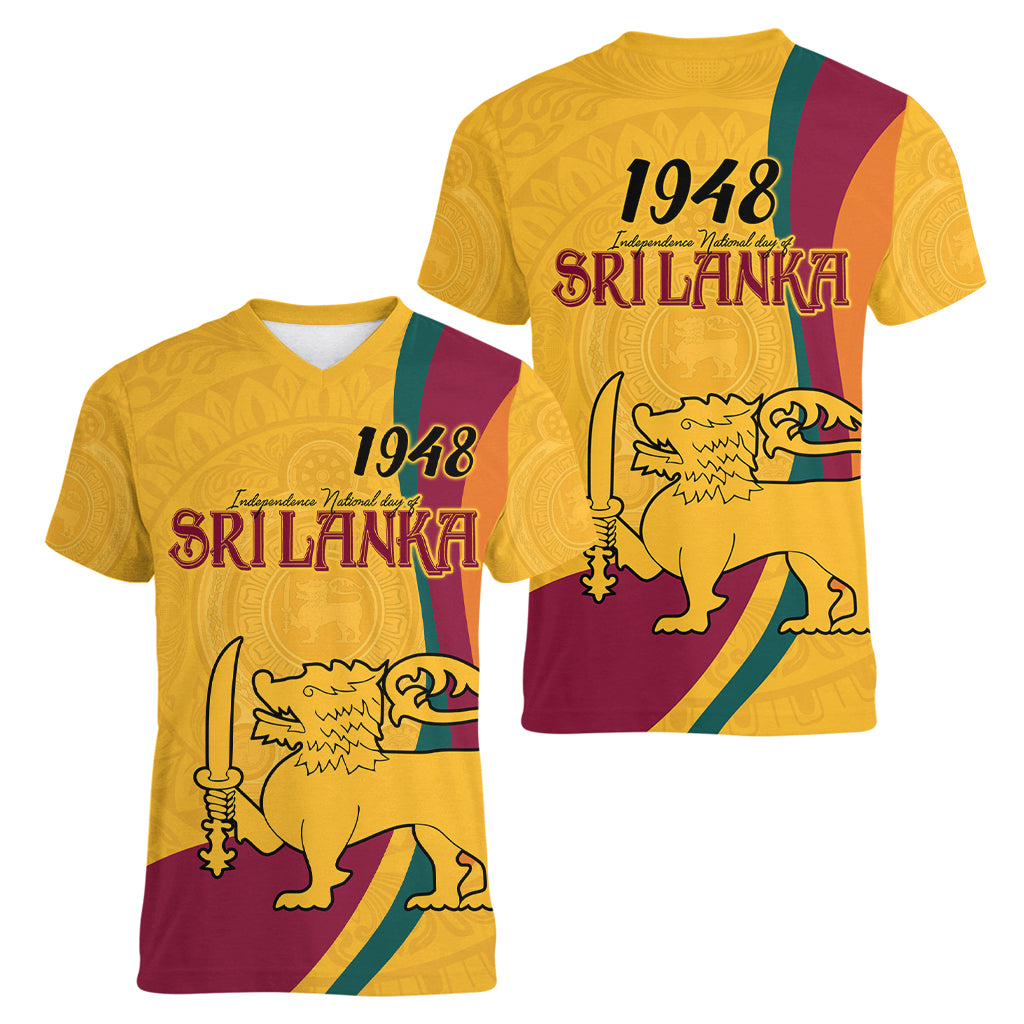 Sri Lanka National Day Women V Neck T Shirt The Lion Passant With Ketayam Wood Art - Wonder Print Shop