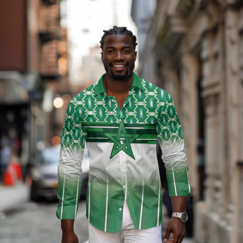 World Football Morocco Custom Long Sleeve Button Shirt 1994 Away Retro Green Jersey - Wonder Print Shop