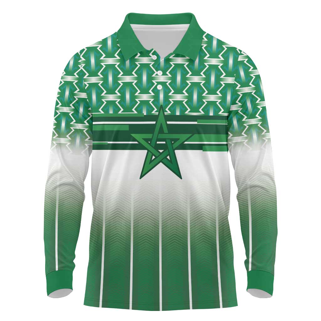 World Football Morocco Custom Long Sleeve Polo Shirt 1994 Away Retro Green Jersey - Wonder Print Shop