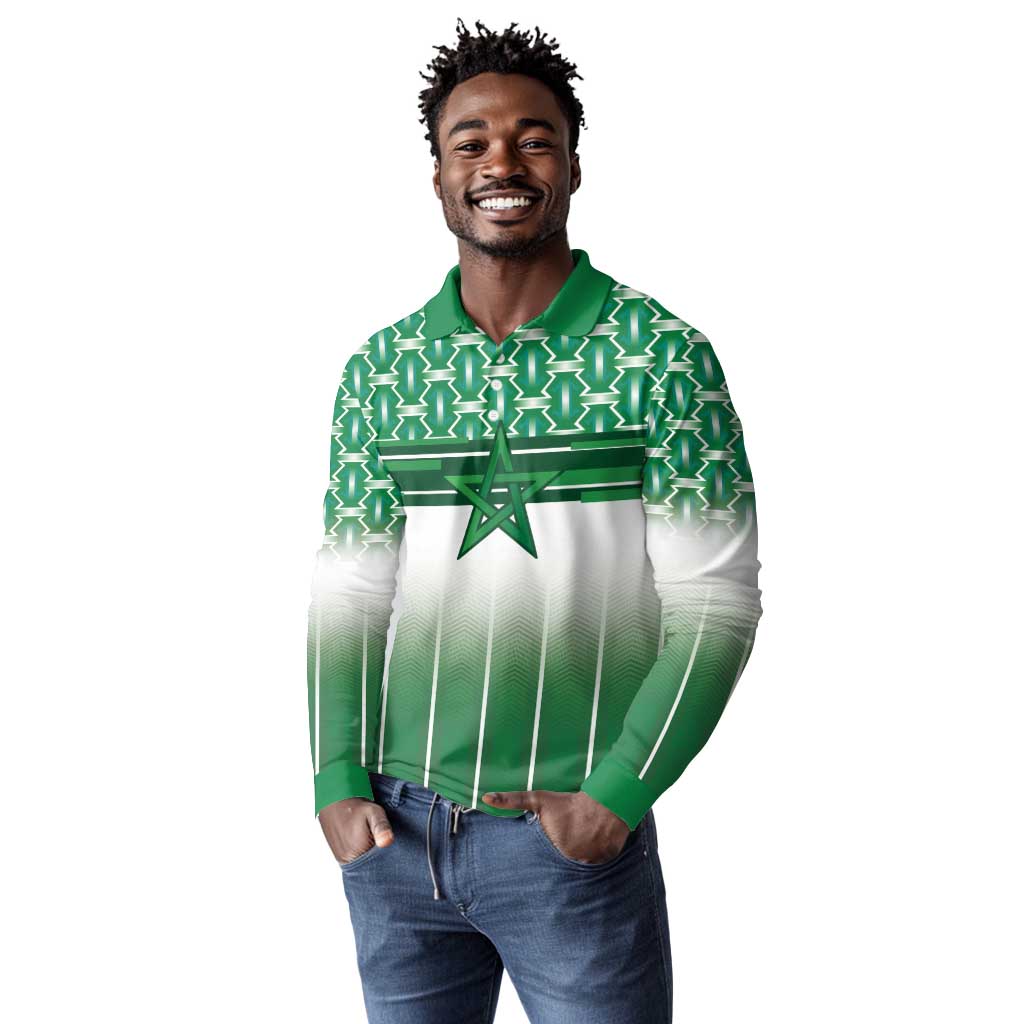 World Football Morocco Custom Long Sleeve Polo Shirt 1994 Away Retro Green Jersey - Wonder Print Shop