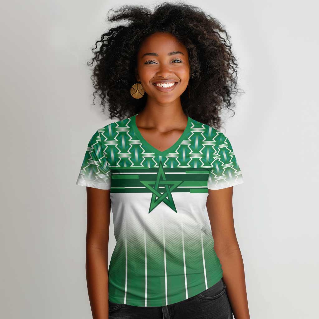 World Football Morocco Custom Women V-Neck T-Shirt 1994 Away Retro Green Jersey - Wonder Print Shop