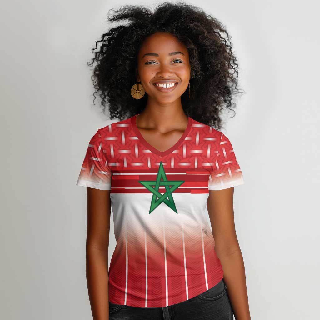World Football Morocco Custom Women V-Neck T-Shirt 1994 Away Retro Red Jersey - Wonder Print Shop