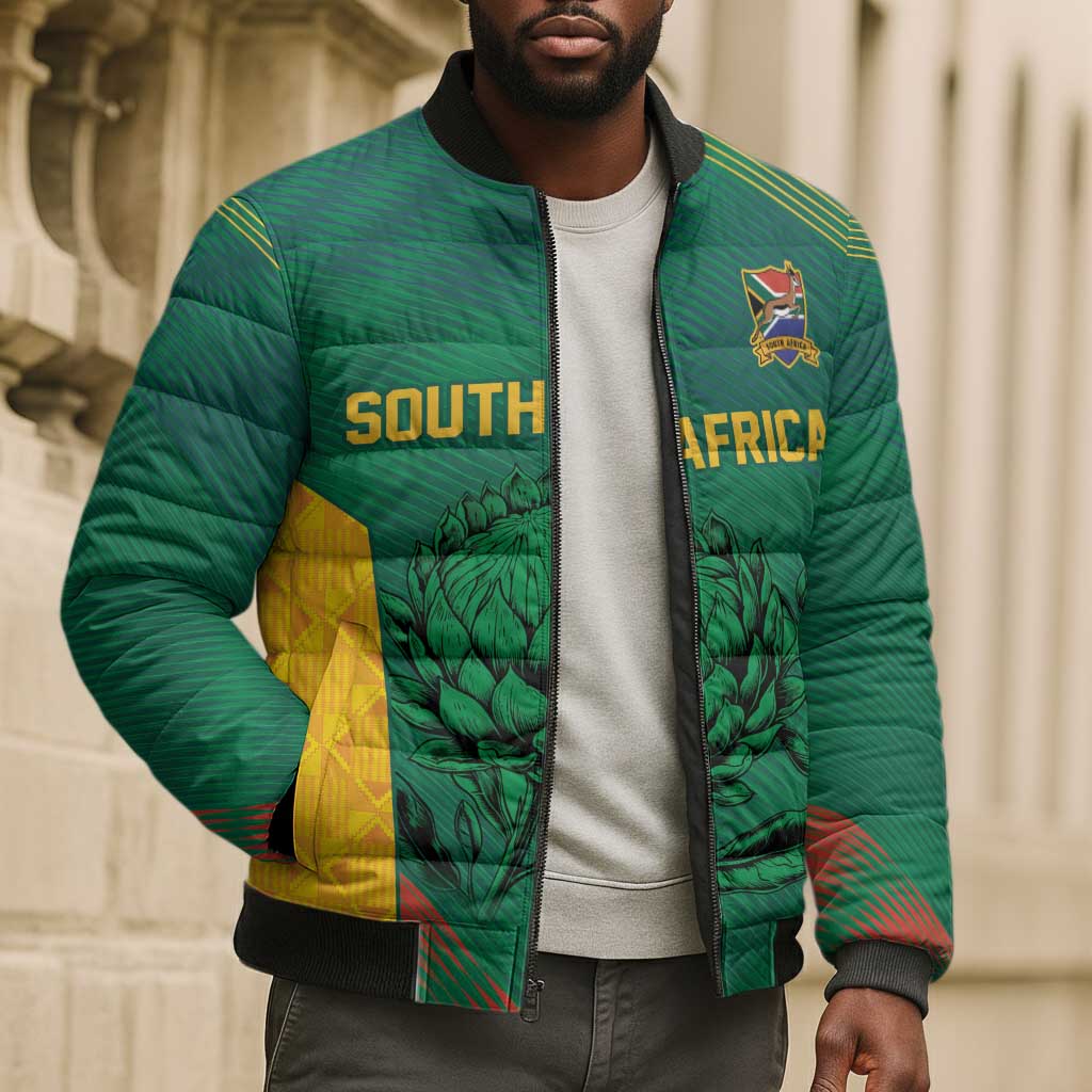 World Football 2026 South Africa Custom Bomber Puffer Jacket Tradional Protea Kente Pattern - Wonder Print Shop