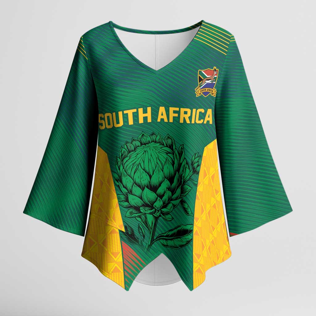 World Football 2026 South Africa Custom Kimono Sleeve Blouse Tradional Protea Kente Pattern - Wonder Print Shop