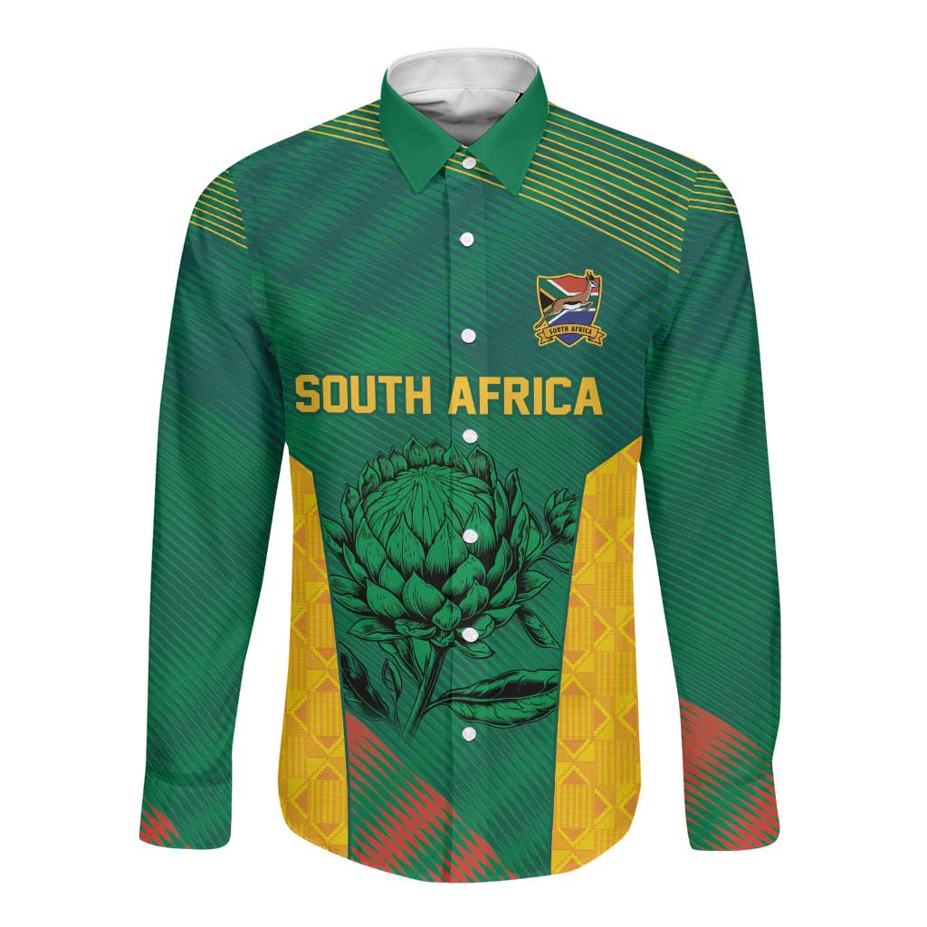World Football 2026 South Africa Custom Long Sleeve Button Shirt Tradional Protea Kente Pattern - Wonder Print Shop