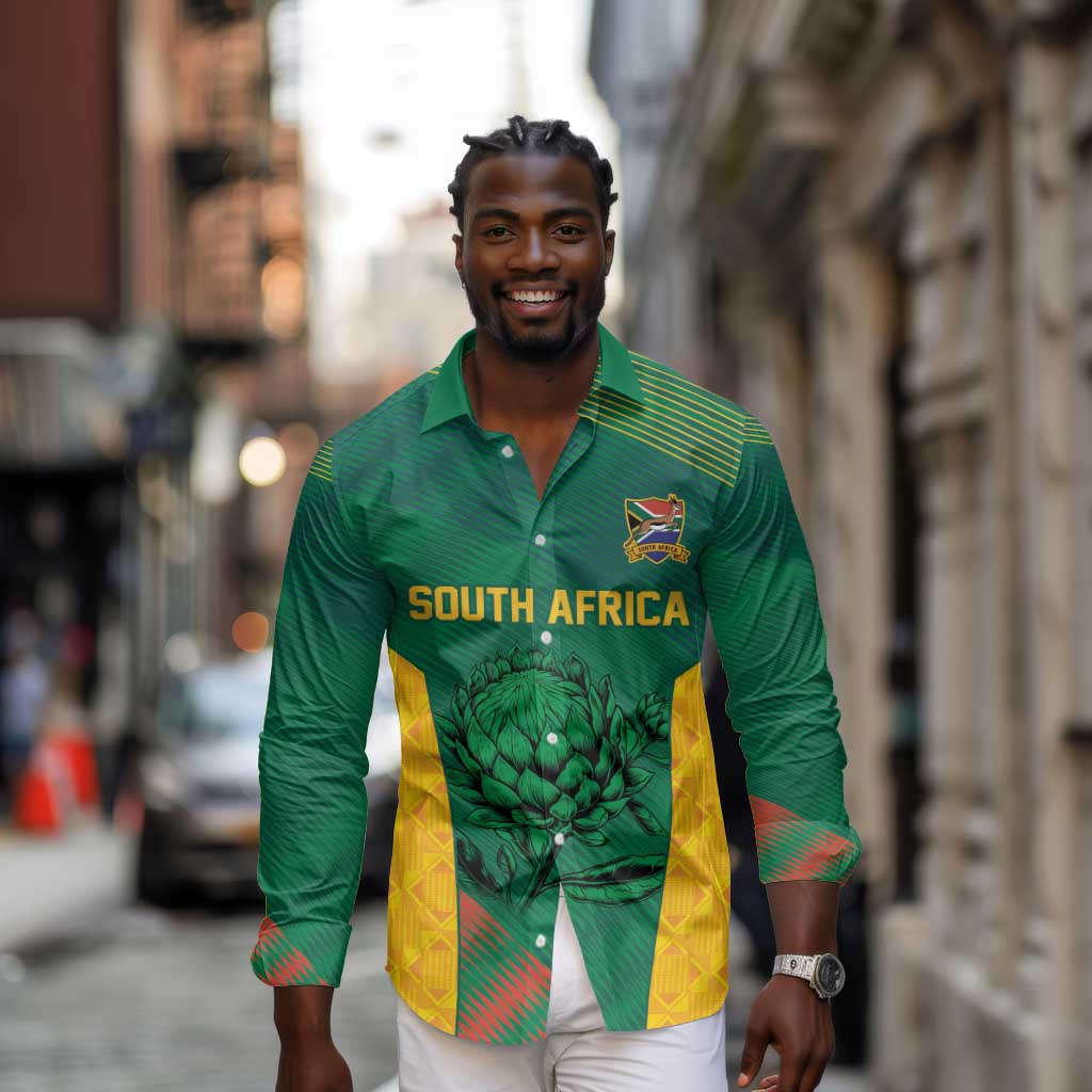 World Football 2026 South Africa Custom Long Sleeve Button Shirt Tradional Protea Kente Pattern - Wonder Print Shop