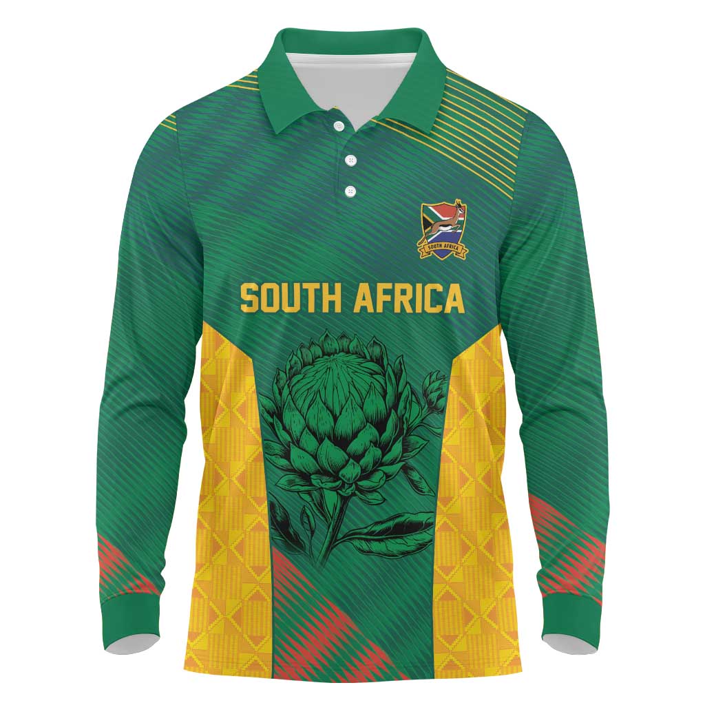 World Football 2026 South Africa Custom Long Sleeve Polo Shirt Tradional Protea Kente Pattern - Wonder Print Shop