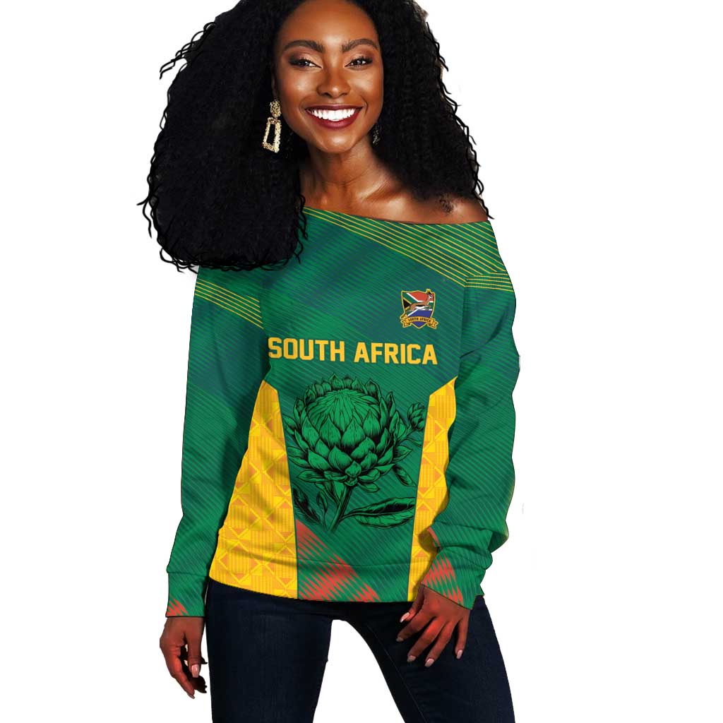 World Football 2026 South Africa Custom Off Shoulder Sweater Tradional Protea Kente Pattern - Wonder Print Shop