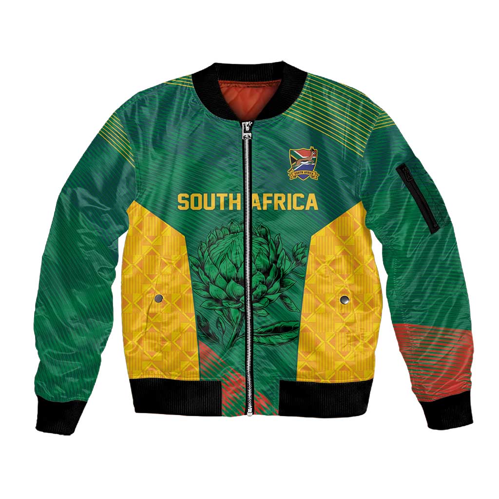 World Football 2026 South Africa Custom Sleeve Zip Bomber Jacket Tradional Protea Kente Pattern - Wonder Print Shop