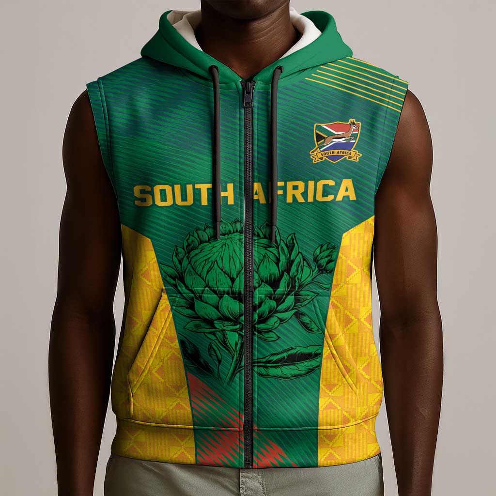 World Football 2026 South Africa Custom Sleeveless Zip Hoodie Tradional Protea Kente Pattern - Wonder Print Shop