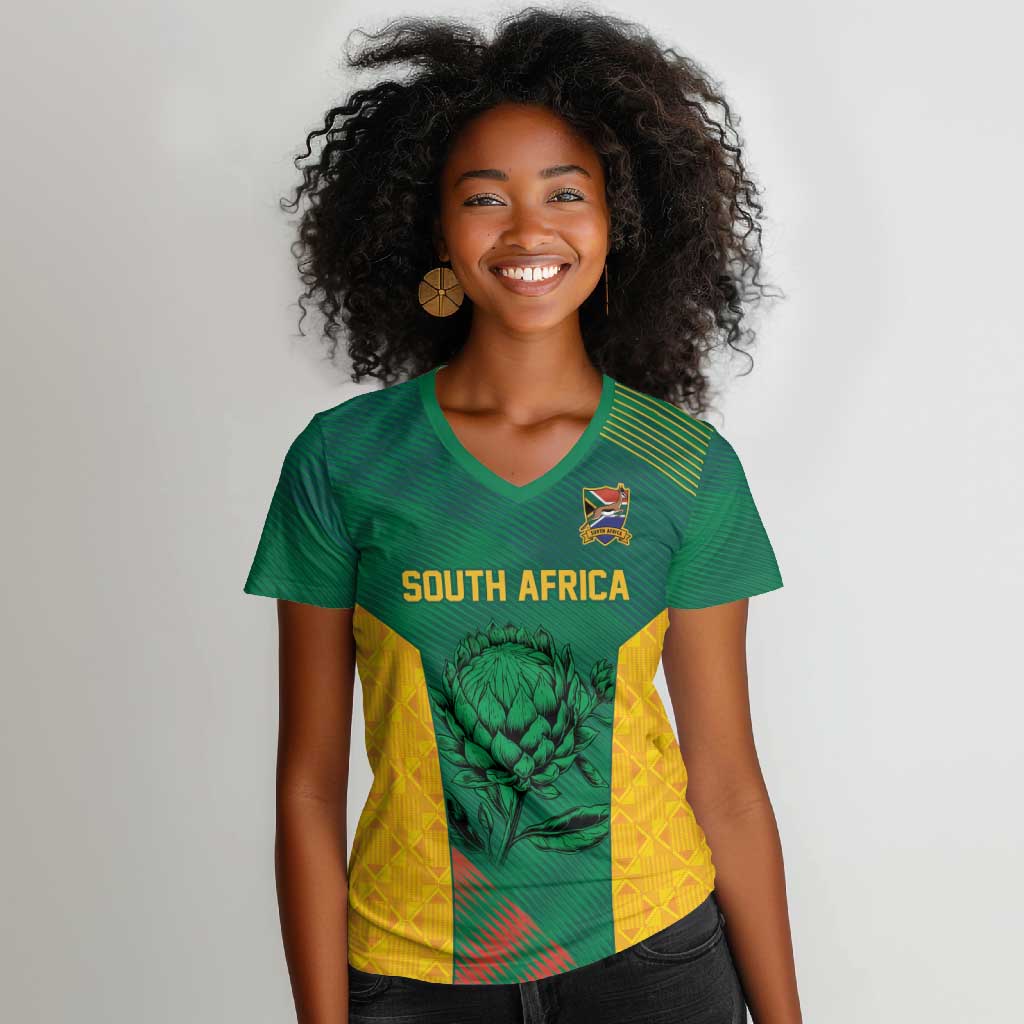 World Football 2026 South Africa Custom Women V-Neck T-Shirt Tradional Protea Kente Pattern - Wonder Print Shop