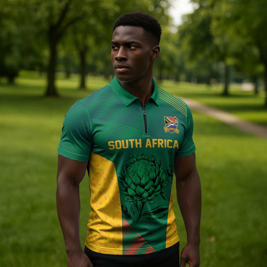World Football 2026 South Africa Custom Zipper Polo Shirt Tradional Protea Kente Pattern - Wonder Print Shop