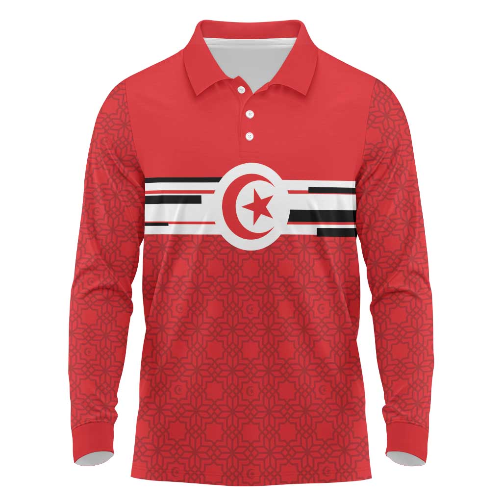 World Football 2026 Tunisia Custom Long Sleeve Polo Shirt Traditional Islamic Motif - Wonder Print Shop