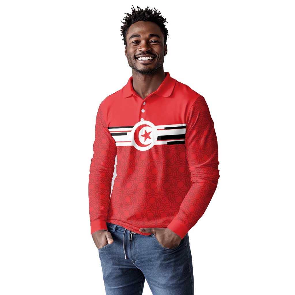 World Football 2026 Tunisia Custom Long Sleeve Polo Shirt Traditional Islamic Motif - Wonder Print Shop