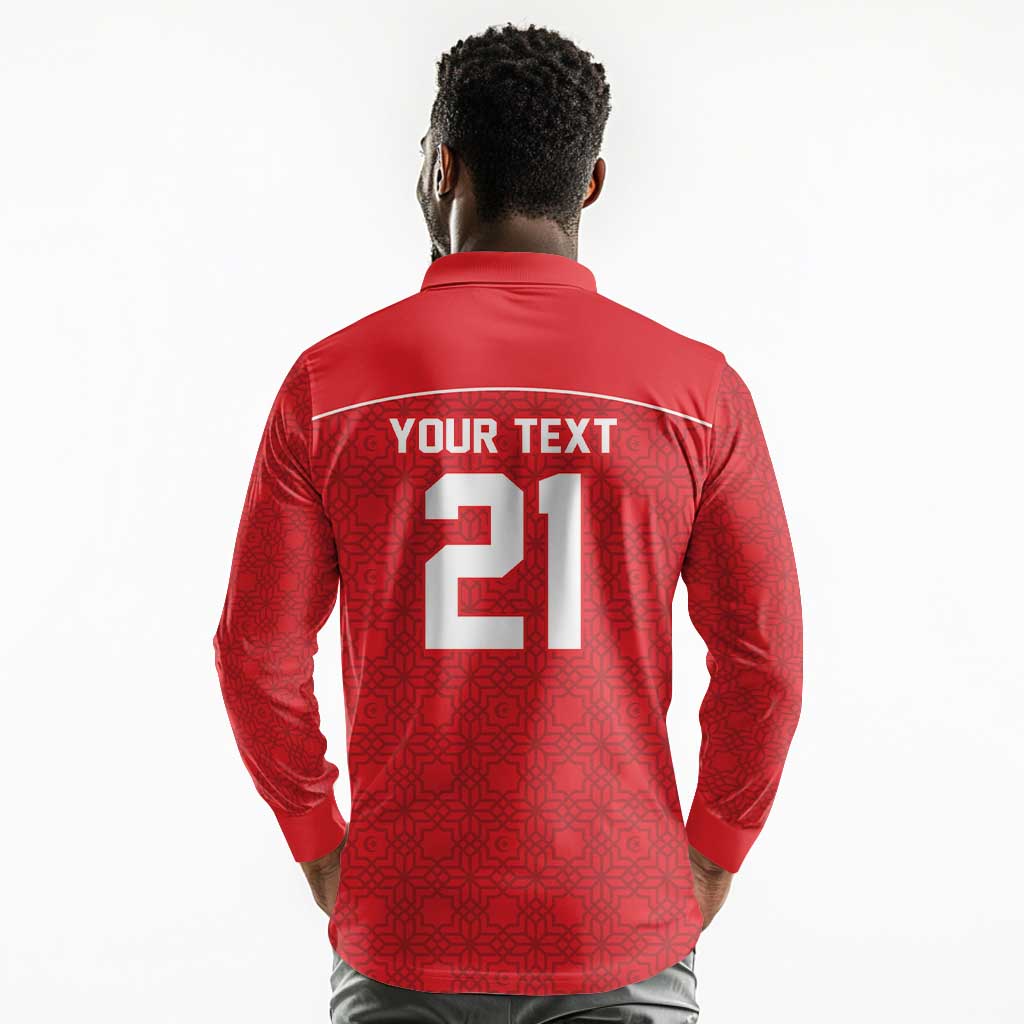 World Football 2026 Tunisia Custom Long Sleeve Polo Shirt Traditional Islamic Motif - Wonder Print Shop