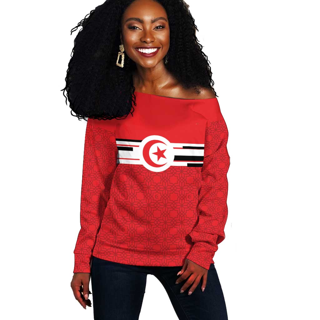 World Football 2026 Tunisia Custom Off Shoulder Sweater Traditional Islamic Motif - Wonder Print Shop