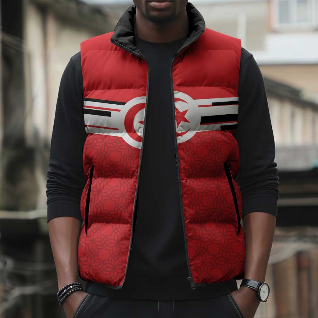 World Football 2026 Tunisia Custom Sleeveless Puffer Jacket Traditional Islamic Motif - Wonder Print Shop