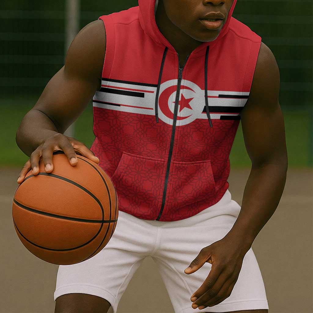 World Football 2026 Tunisia Custom Sleeveless Zip Hoodie Traditional Islamic Motif - Wonder Print Shop