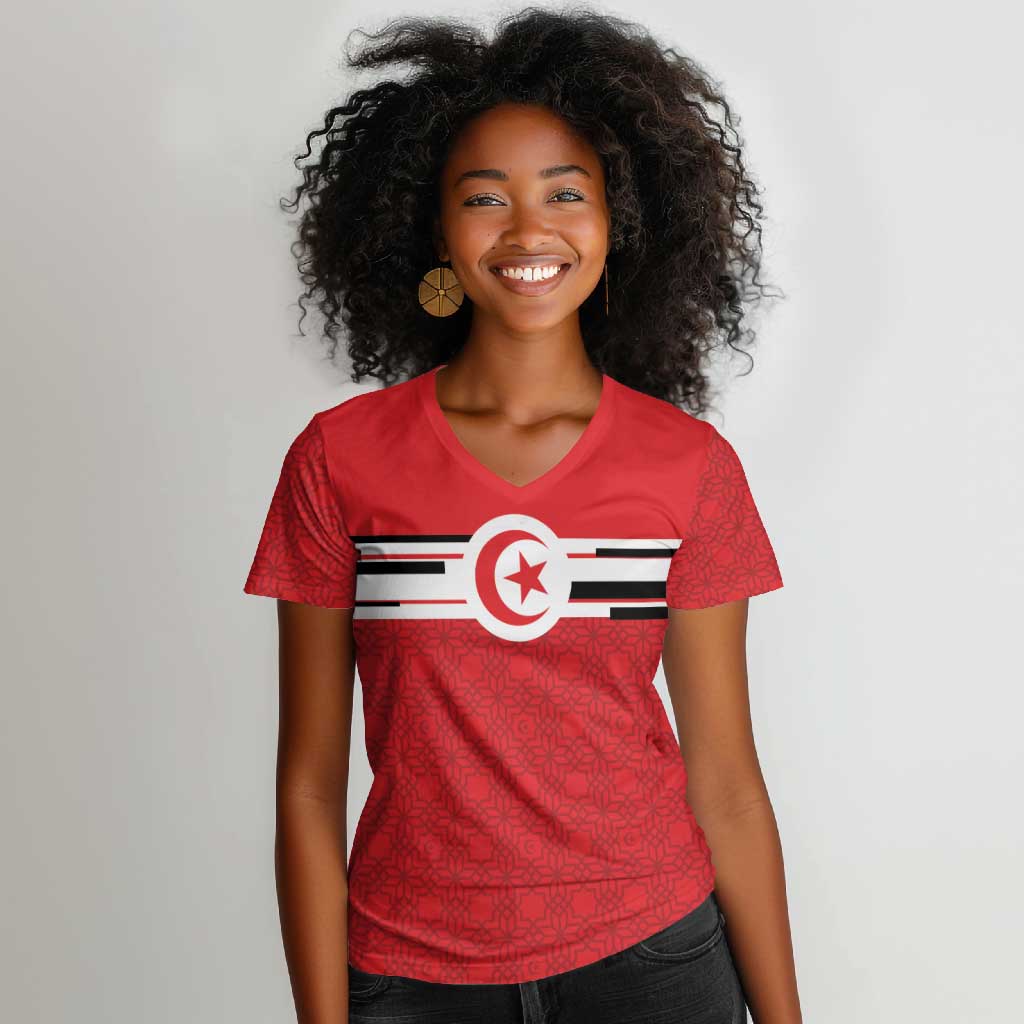 World Football 2026 Tunisia Custom Women V-Neck T-Shirt Traditional Islamic Motif - Wonder Print Shop