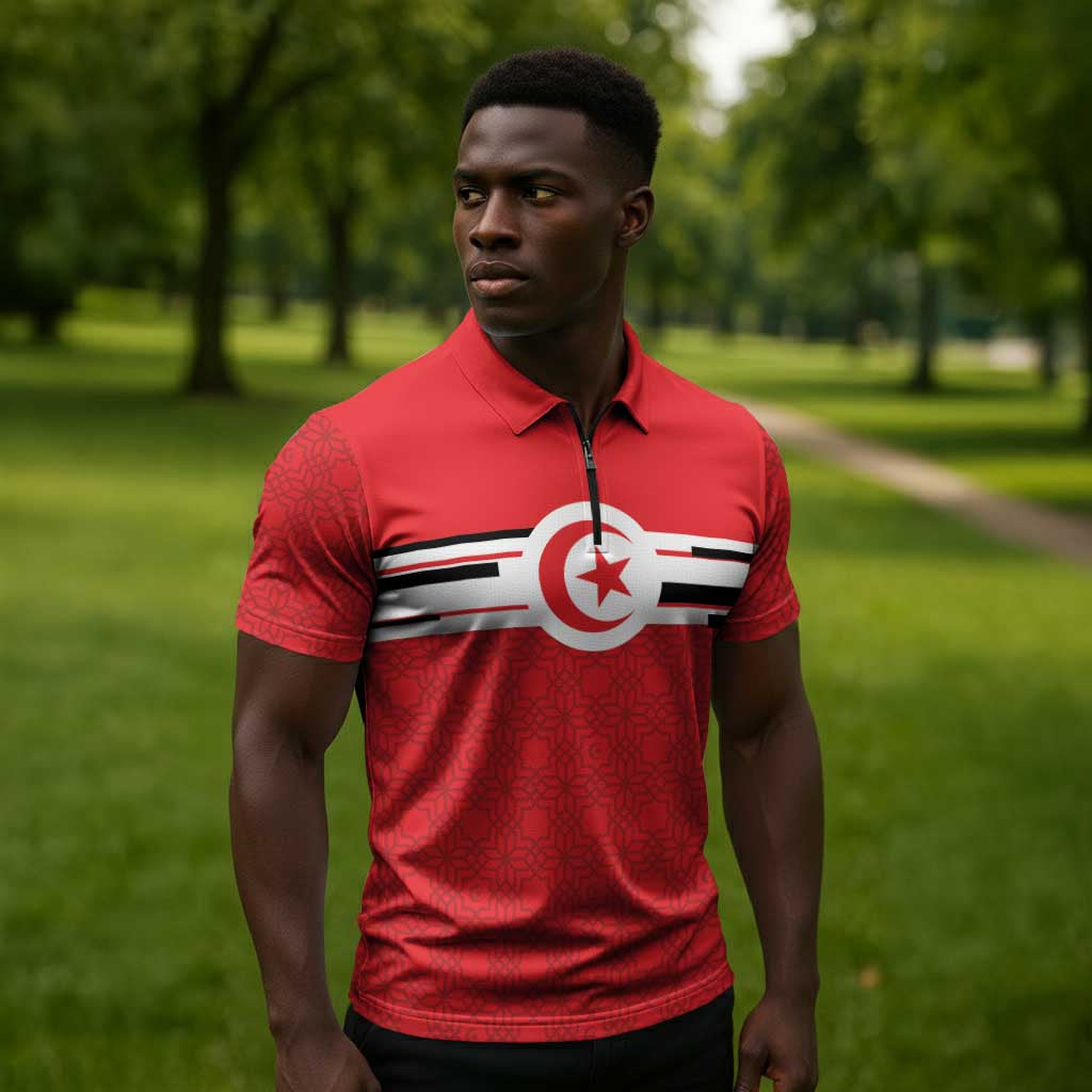 World Football 2026 Tunisia Custom Zipper Polo Shirt Traditional Islamic Motif - Wonder Print Shop