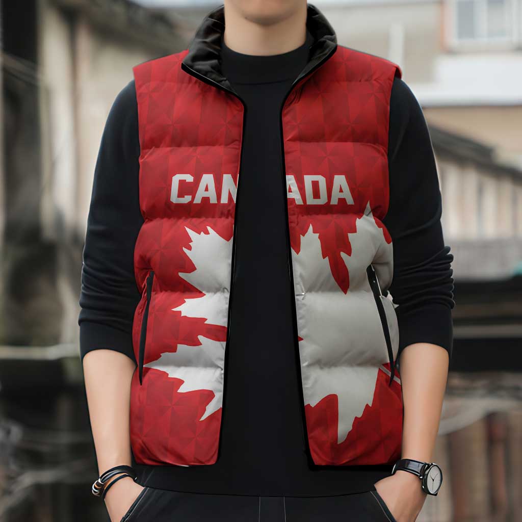 World Football 2026 Canada Custom Sleeveless Puffer Jacket Canucks Maple Leaf Pattern - Wonder Print Shop