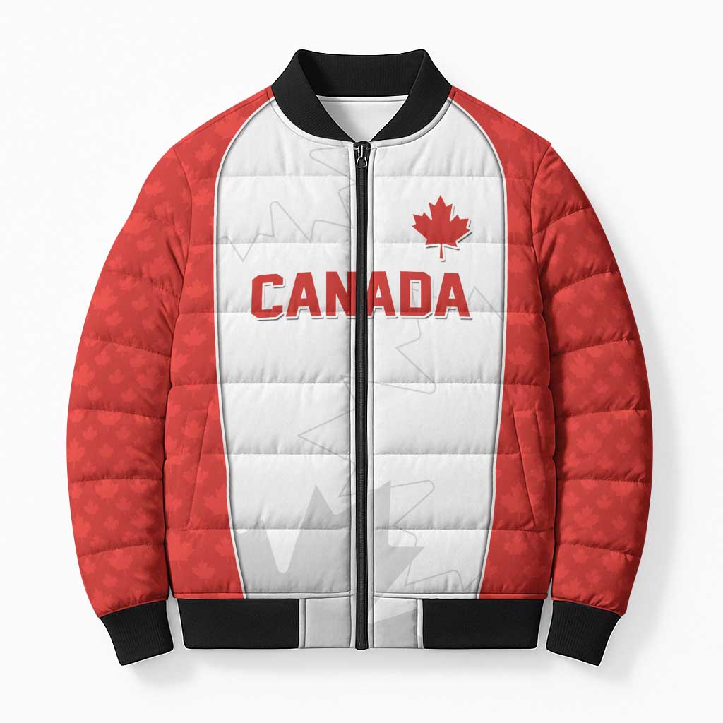World Football 2026 Canada Custom Bomber Puffer Jacket Maple Leaf Seamless Pattern - Wonder Print Shop