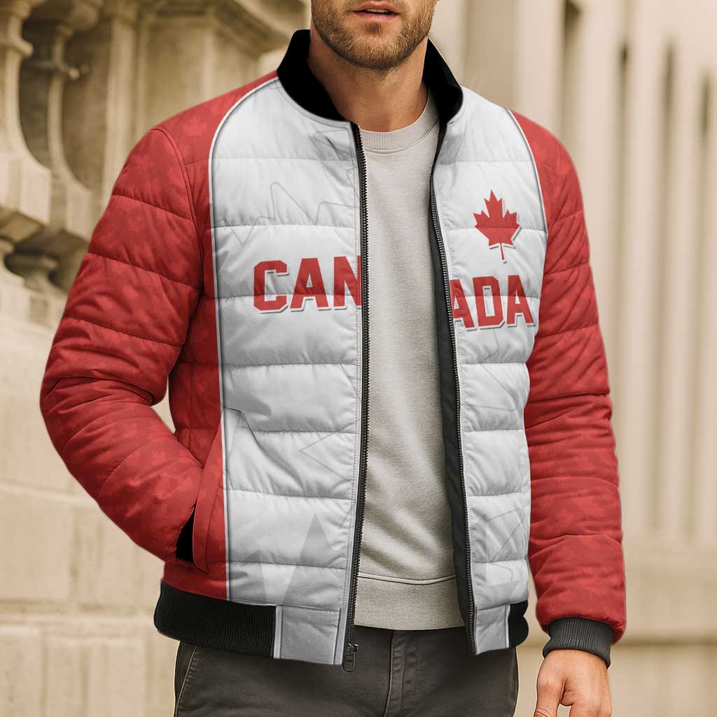World Football 2026 Canada Custom Bomber Puffer Jacket Maple Leaf Seamless Pattern - Wonder Print Shop