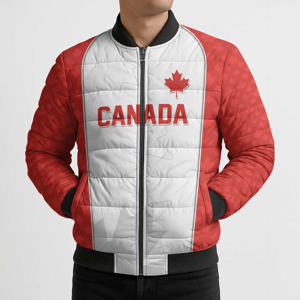 World Football 2026 Canada Custom Bomber Puffer Jacket Maple Leaf Seamless Pattern - Wonder Print Shop