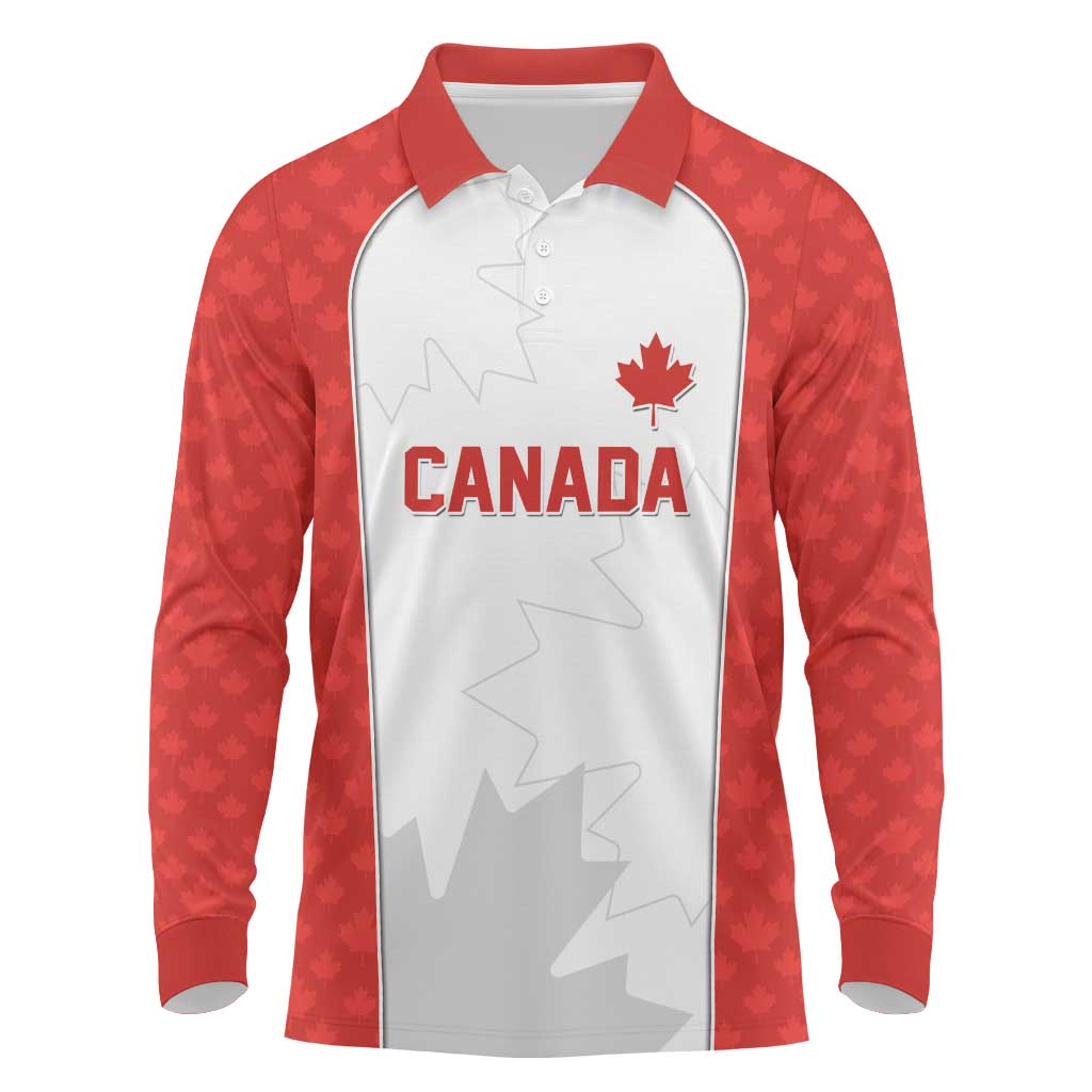 World Football 2026 Canada Custom Long Sleeve Polo Shirt Maple Leaf Seamless Pattern - Wonder Print Shop