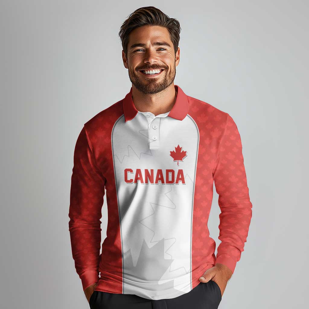 World Football 2026 Canada Custom Long Sleeve Polo Shirt Maple Leaf Seamless Pattern - Wonder Print Shop