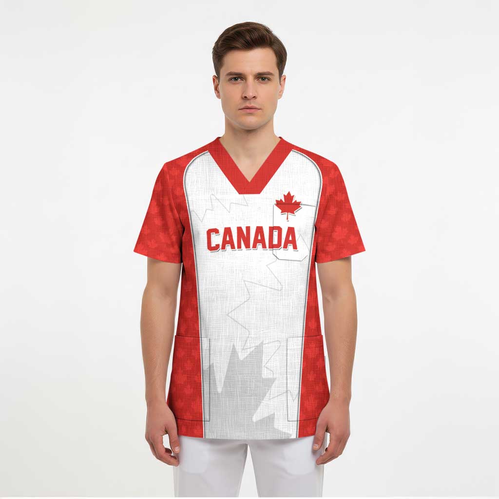 World Football 2026 Canada Custom Scrub Top Maple Leaf Seamless Pattern - Wonder Print Shop