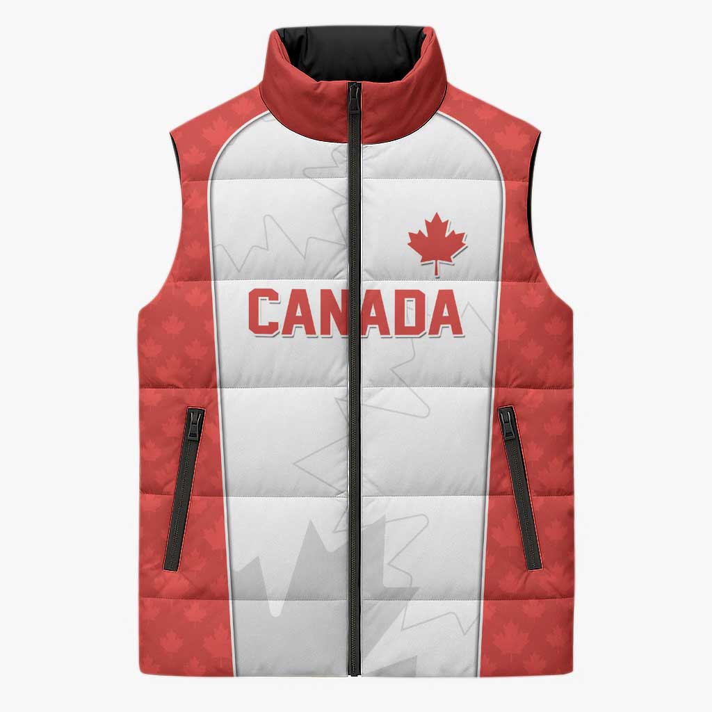 World Football 2026 Canada Custom Sleeveless Puffer Jacket Maple Leaf Seamless Pattern - Wonder Print Shop