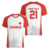 World Football 2026 Canada Custom Women V-Neck T-Shirt Maple Leaf Seamless Pattern - Wonder Print Shop