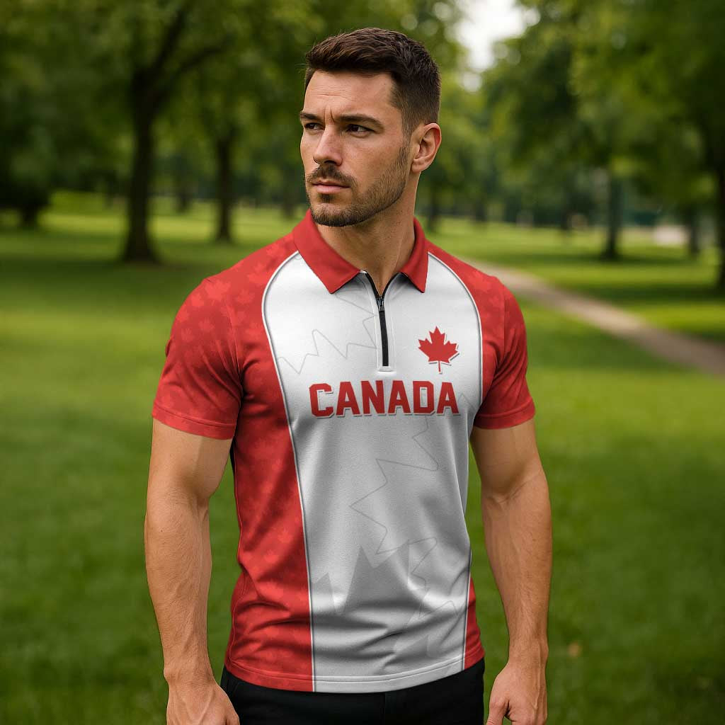 World Football 2026 Canada Custom Zipper Polo Shirt Maple Leaf Seamless Pattern - Wonder Print Shop