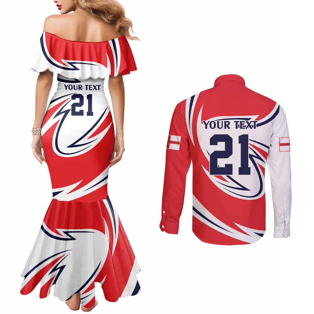 England Lion Mascot Cricket Custom Couples Matching Mermaid Dress and Long Sleeve Button Shirt Unique Pattern
