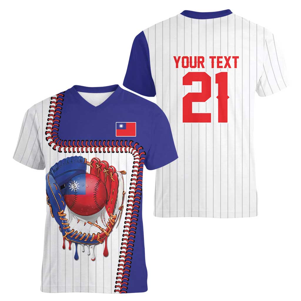 Custom Dripping Baseball Chinese Taipei Women V-Neck T-Shirt