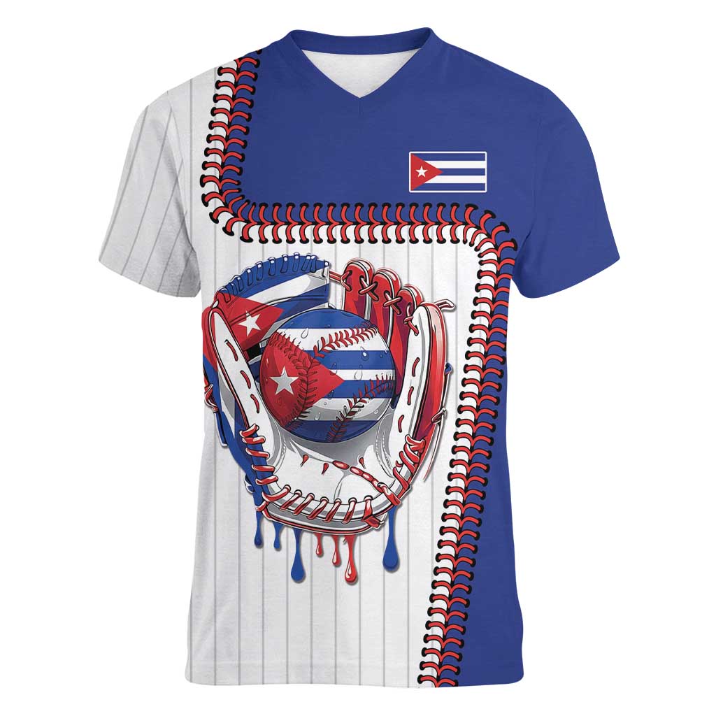 Custom Dripping Baseball Cuba Women V-Neck T-Shirt