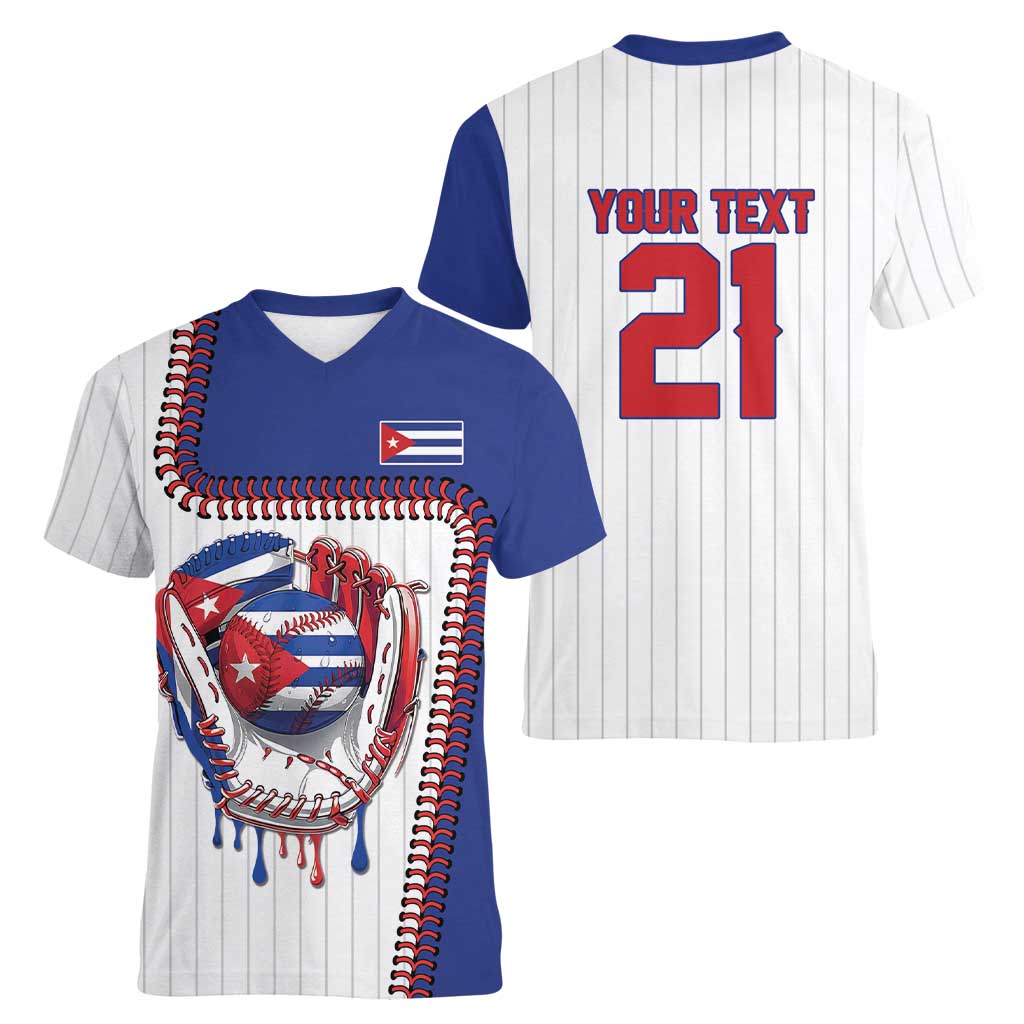 Custom Dripping Baseball Cuba Women V-Neck T-Shirt