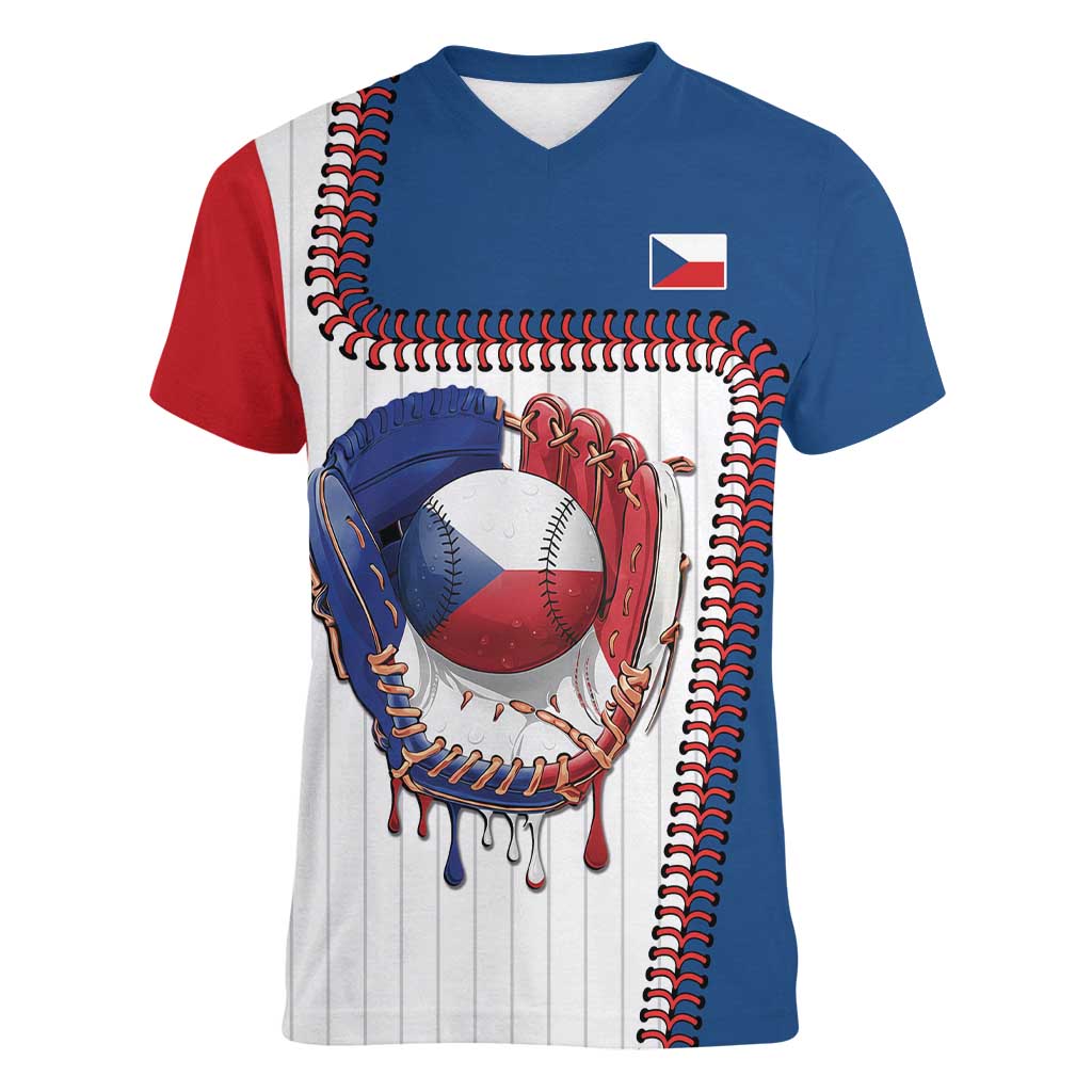 Custom Dripping Baseball Czechia Women V-Neck T-Shirt