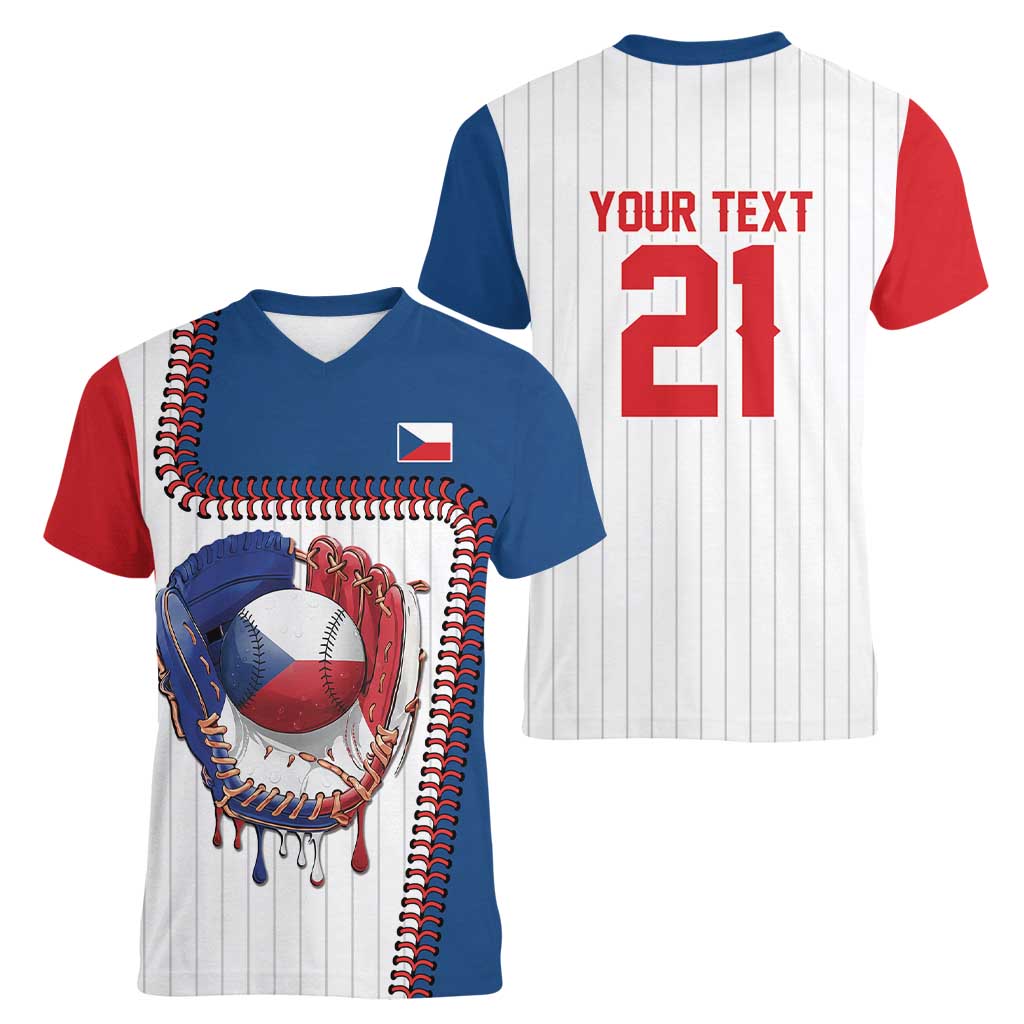 Custom Dripping Baseball Czechia Women V-Neck T-Shirt