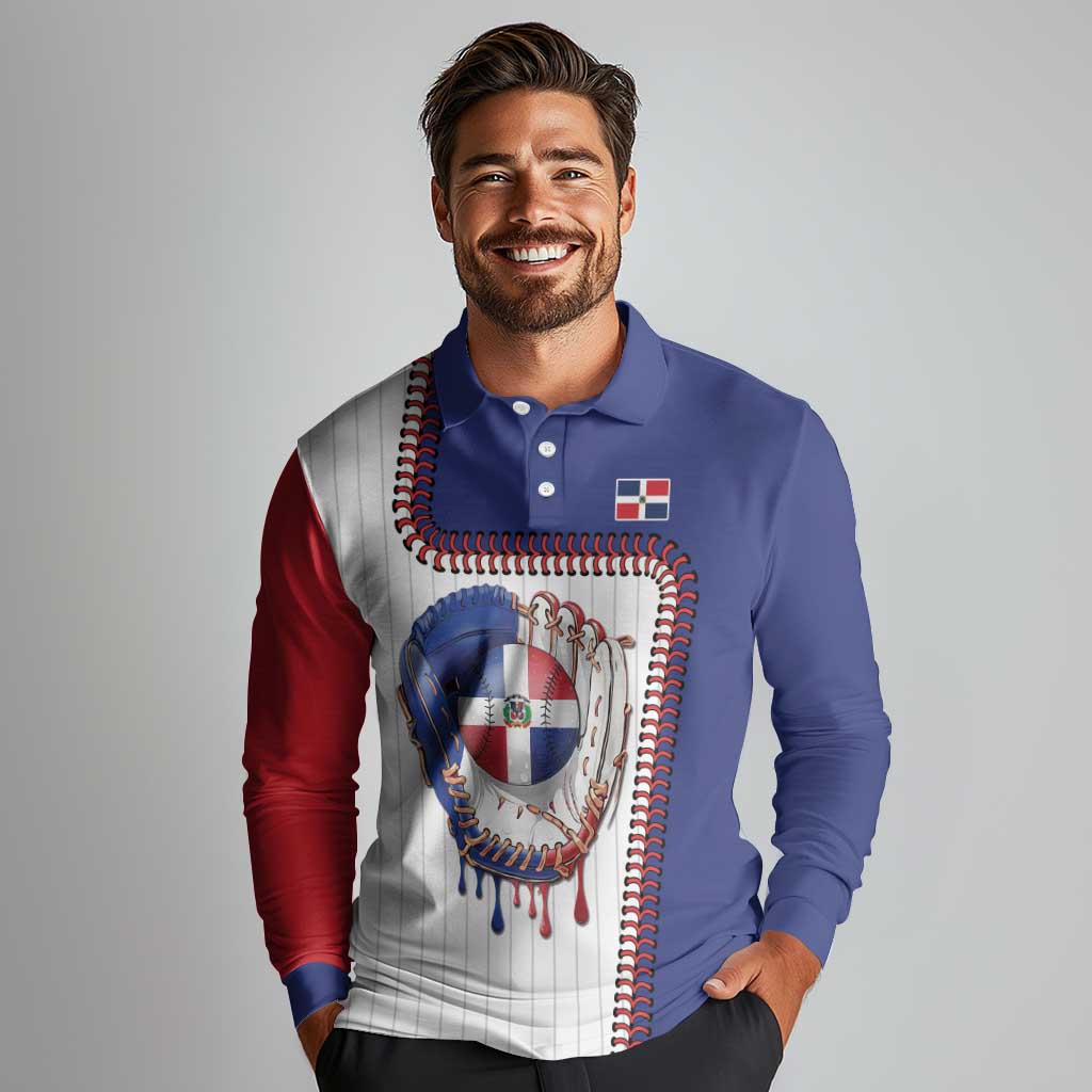 Custom Dripping Baseball Dominican Republic Long Sleeve Polo Shirt