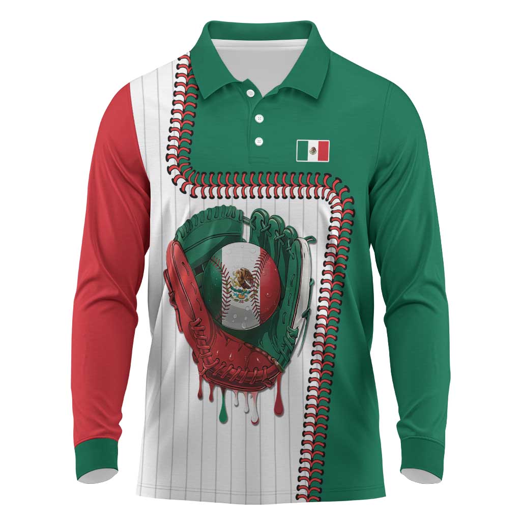 Custom Dripping Baseball Mexico Long Sleeve Polo Shirt
