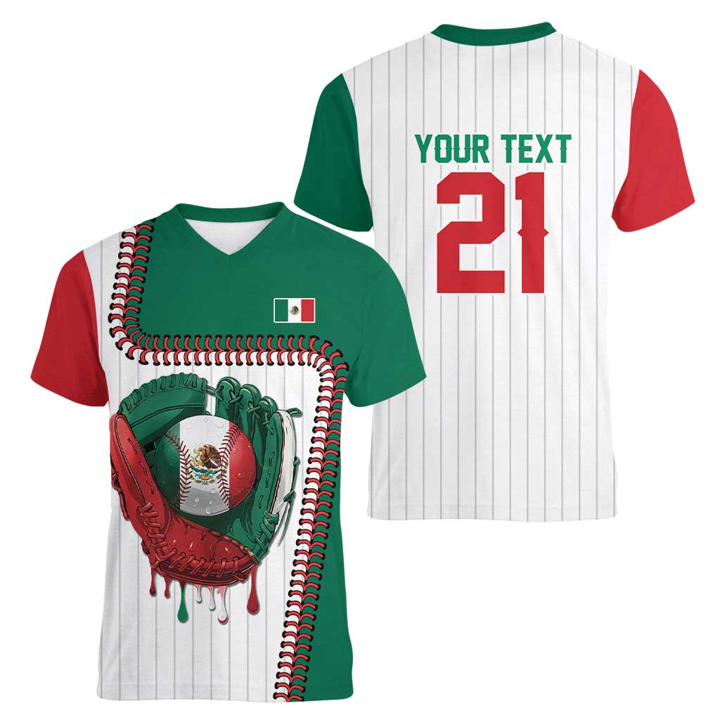 Custom Dripping Baseball Mexico Women V-Neck T-Shirt
