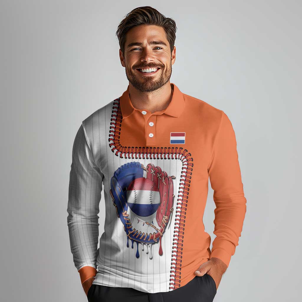Custom Dripping Baseball Netherlands Long Sleeve Polo Shirt
