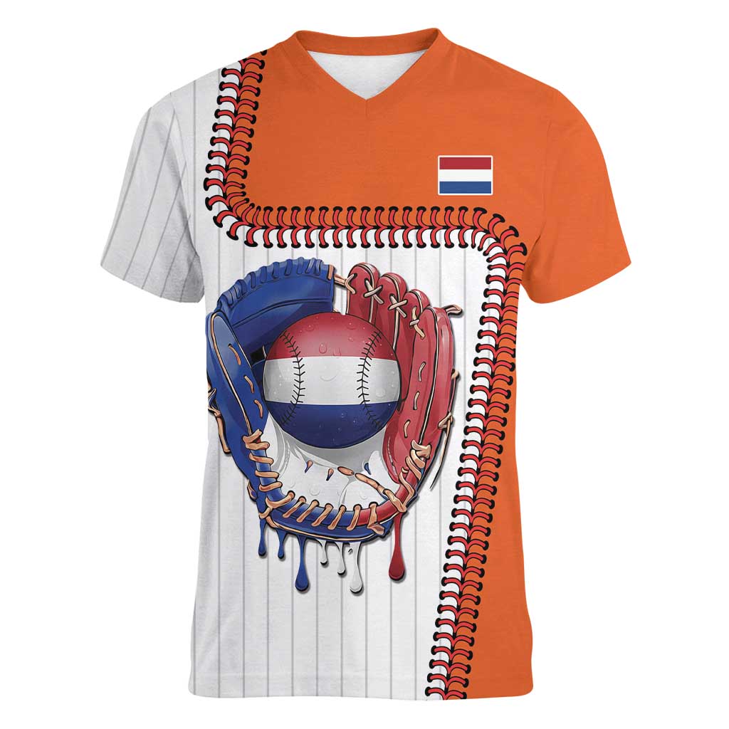 Custom Dripping Baseball Netherlands Women V-Neck T-Shirt