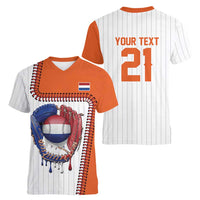 Custom Dripping Baseball Netherlands Women V-Neck T-Shirt