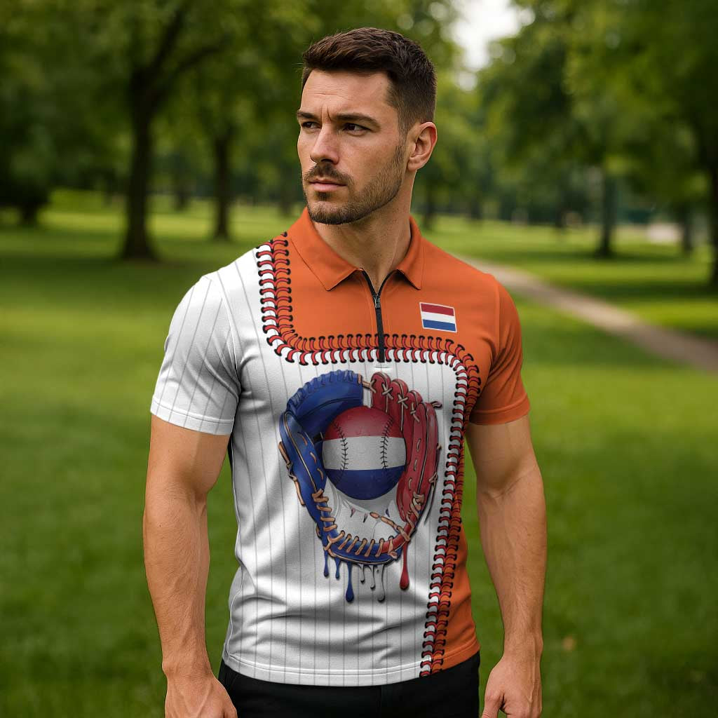 Custom Dripping Baseball Netherlands Zipper Polo Shirt