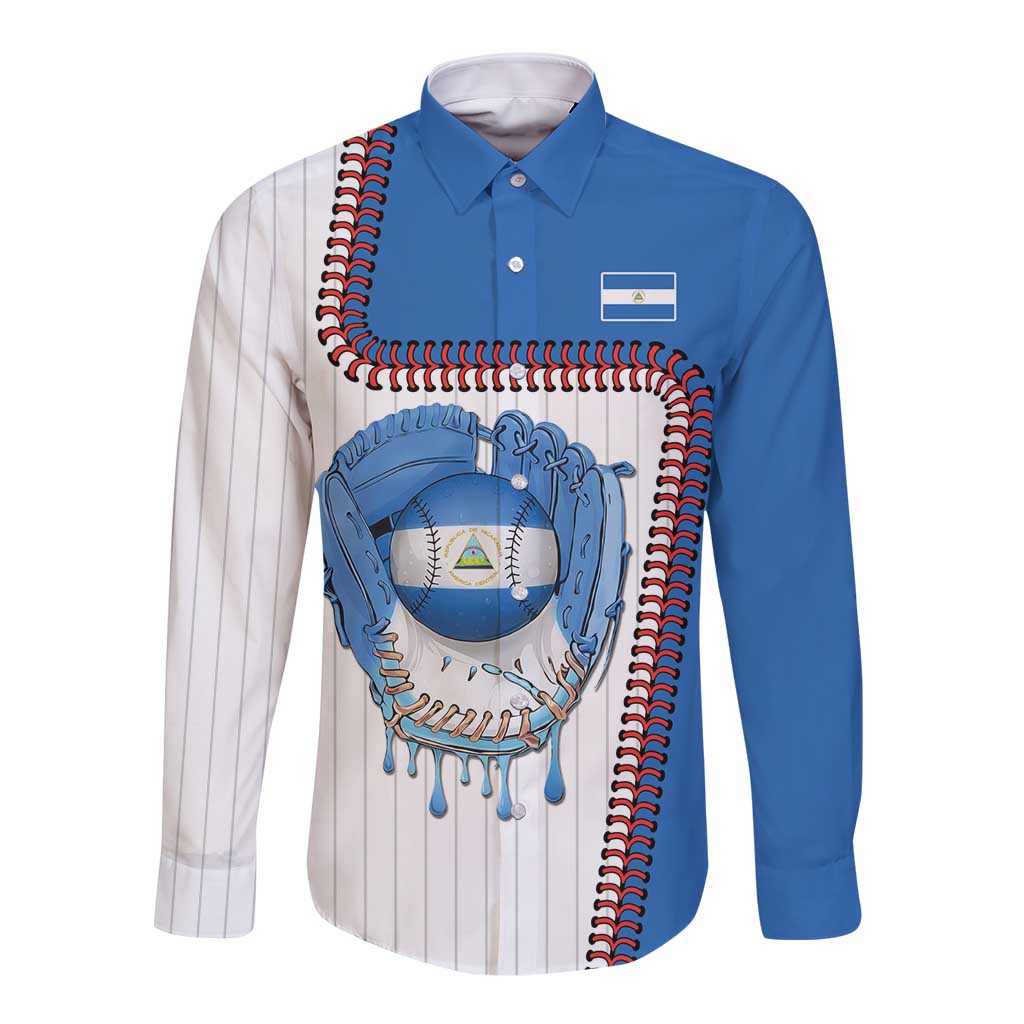 Custom Dripping Baseball Nicaragua Long Sleeve Button Shirt