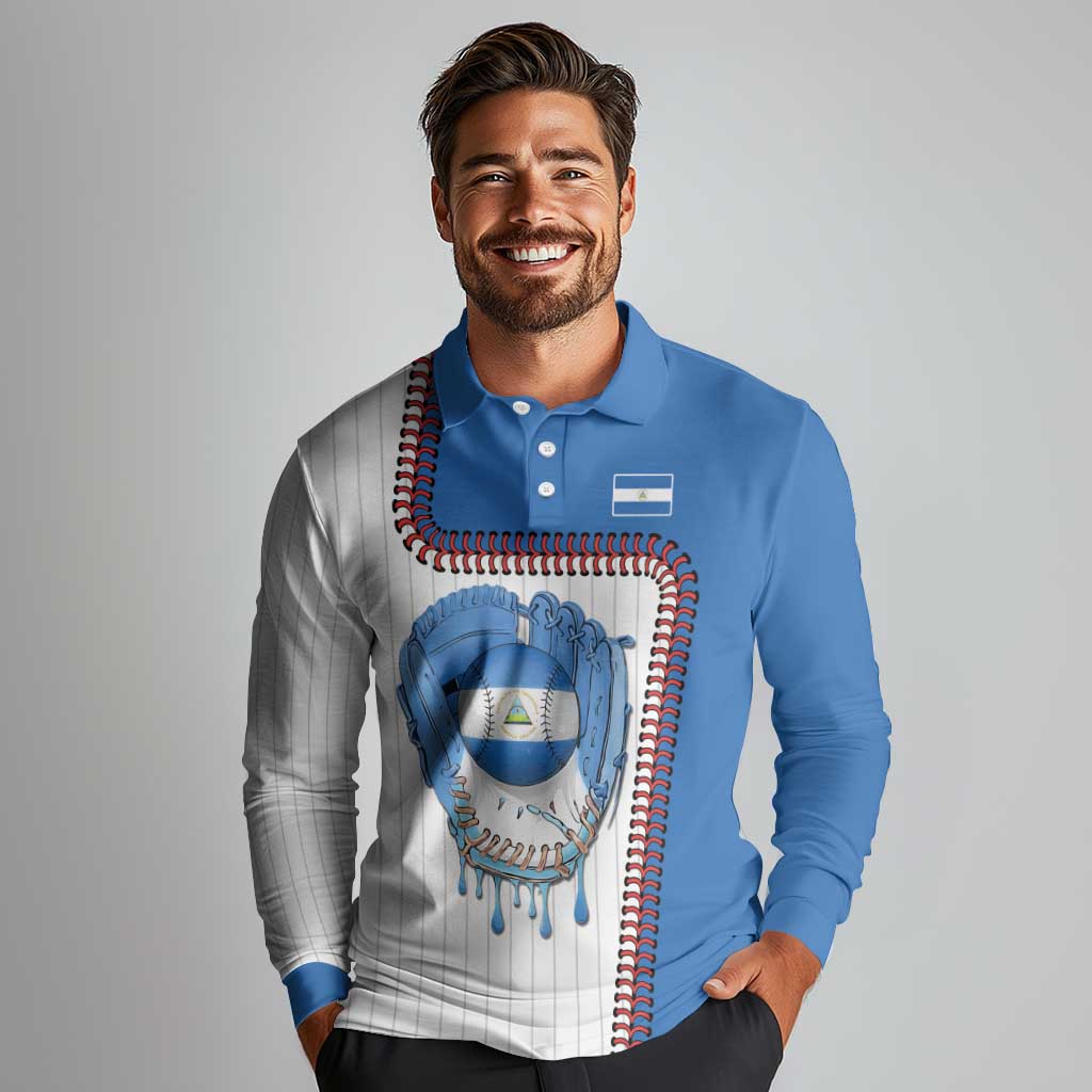 Custom Dripping Baseball Nicaragua Long Sleeve Polo Shirt
