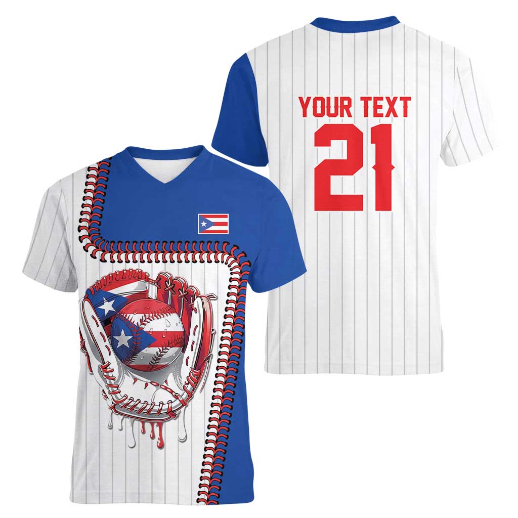 Custom Dripping Baseball Puerto Rico Women V-Neck T-Shirt